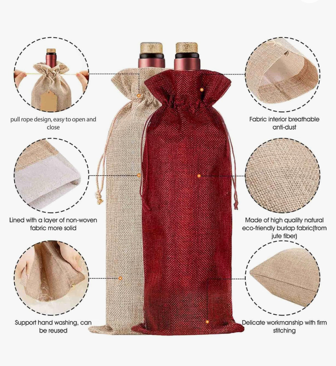 12Pcs Premium Burlap Wine Bags and 12Pcs Gift Tags, Reusable Wine Gift Bags with Drawstrings,