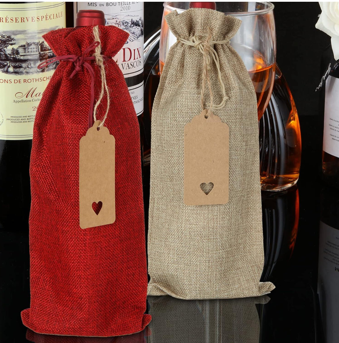 12Pcs Premium Burlap Wine Bags and 12Pcs Gift Tags, Reusable Wine Gift Bags with Drawstrings,